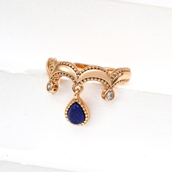 ✨ Artisan Original Lapis Lazuli Dangle Crown Ring | S925 Gold Adjustable - Picture 1 of 14